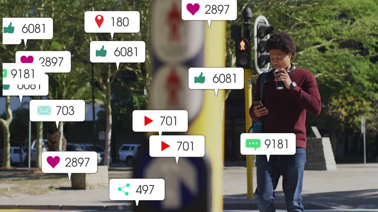 Man commuting checking phone holding travel cup getting multiplying social media alerts around pole
