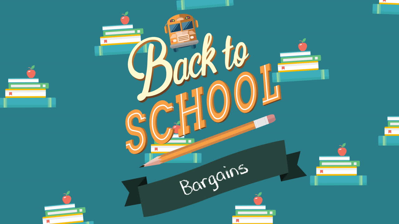 초록색 배경에 있는 학교 물건 아이콘 위에 있는 학교 거래 텍스트의 애니메이션