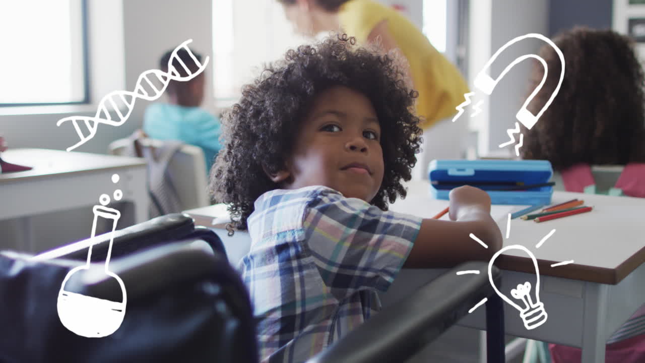 Animation of science icons over happy biracial schoolboy in wheelchair at desk in class