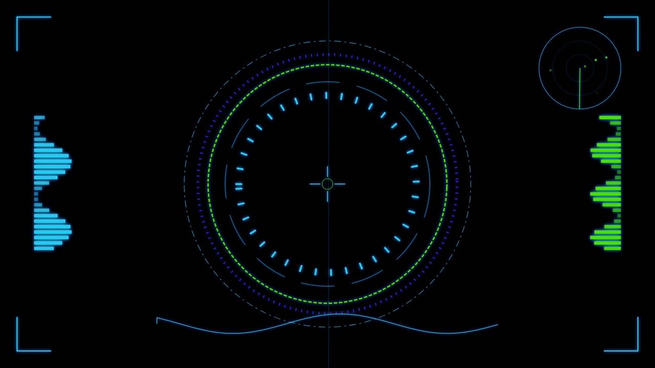 Interfaccia HUD digitale futuristica con radar e grafici di dati