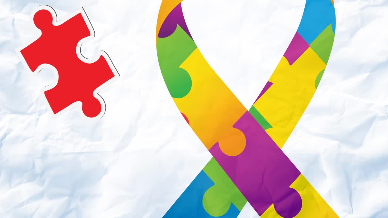 animación de piezas de rompecabezas rojas y amarillas que caen sobre las manos en rompecabezas de concienciación sobre el autismo