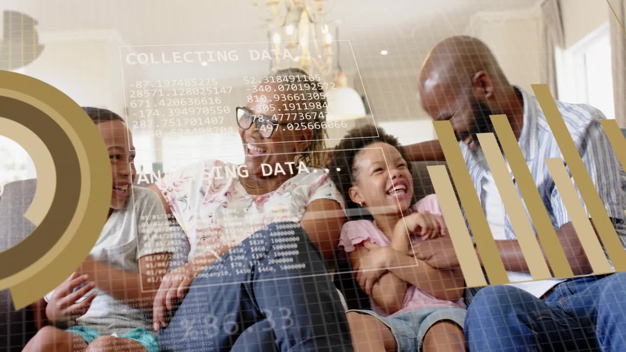 Family sitting sofa smiling while data feed starting, HUD pie charts covering faces, analysing tech