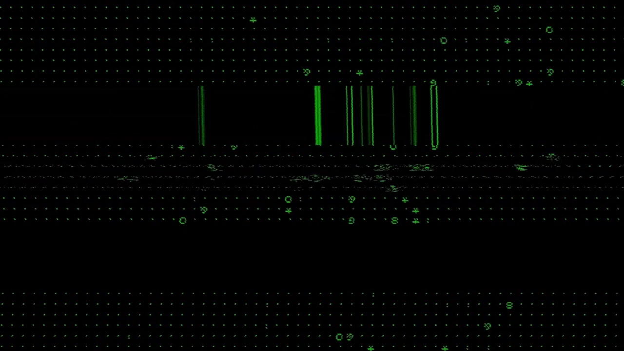 Digital Glitch Effect with Green Data Symbols on Black Background