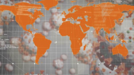 Animation-Von-Makrozellen-Der-Ausbreitung-Des-Coronavirus-Covid-19,-Weltkarte-Mit-Datenverarbeitung