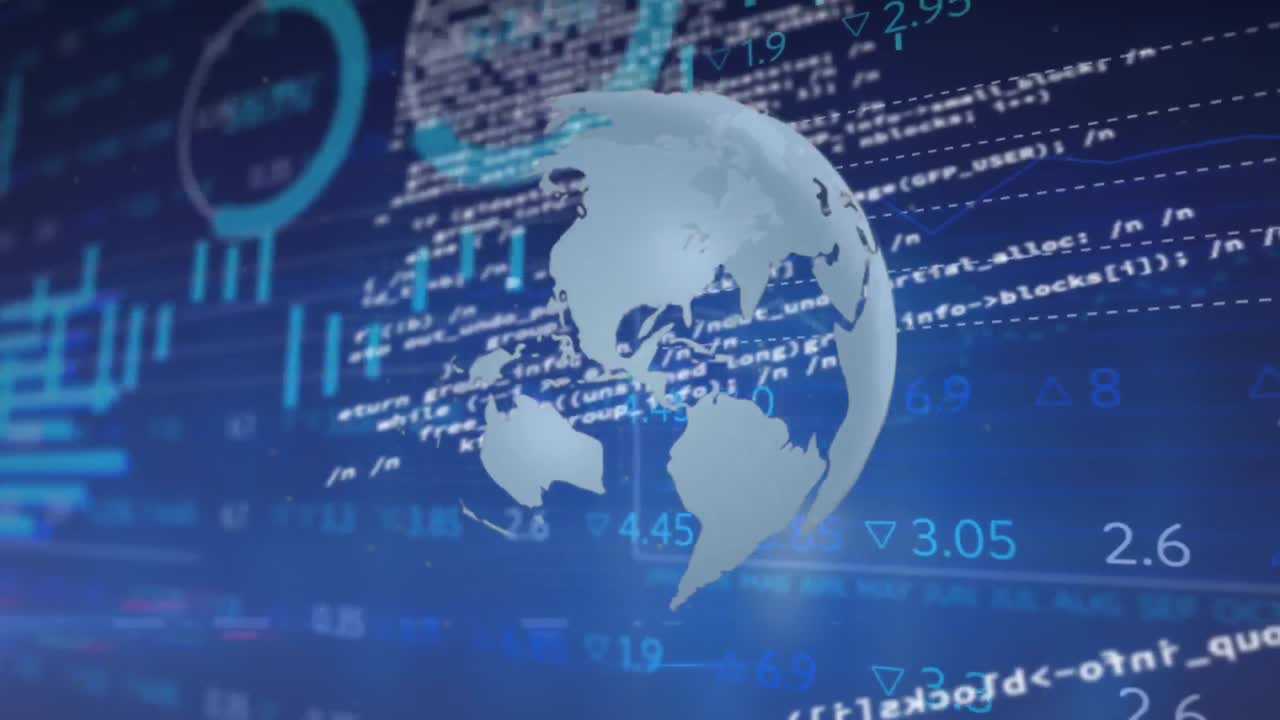 Animation of spinning globe over statistical and stock market data processing on blue background