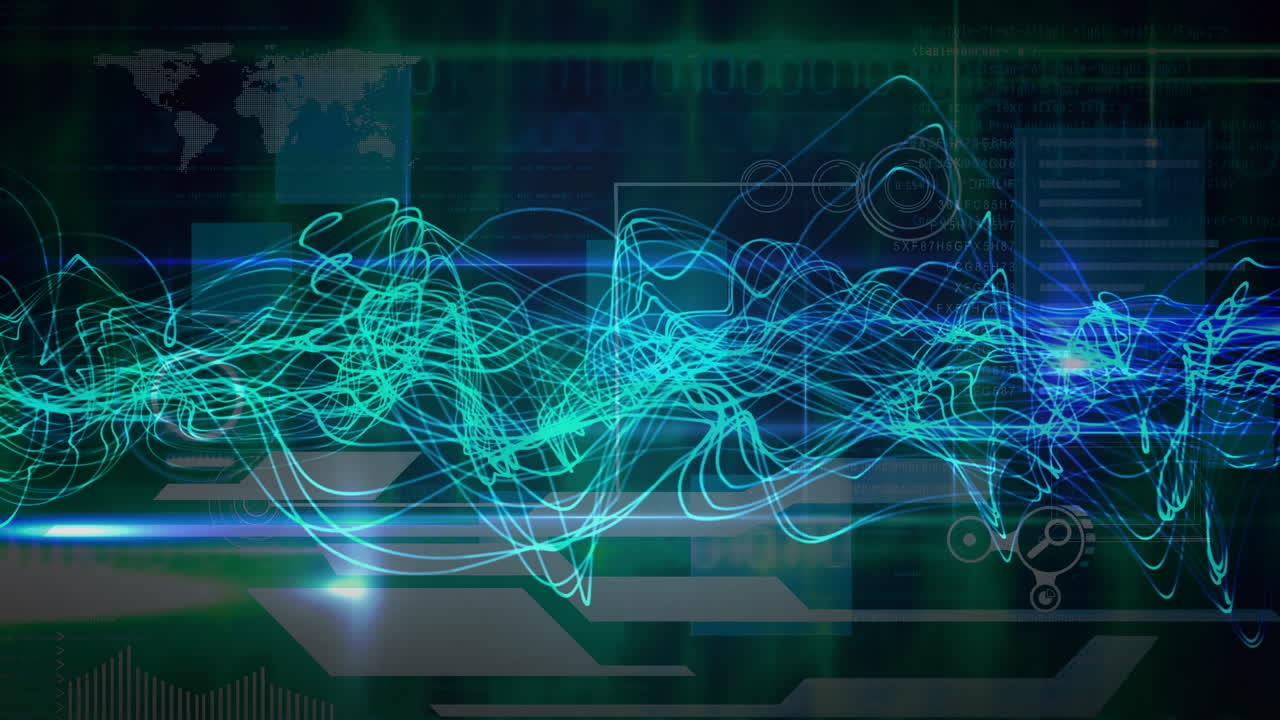 Animation of green waves moving over diverse data on screen