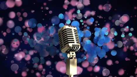 Animation-of-microphone-over-purple-and-blue-spots-of-light-against-black-background-with-copy-space