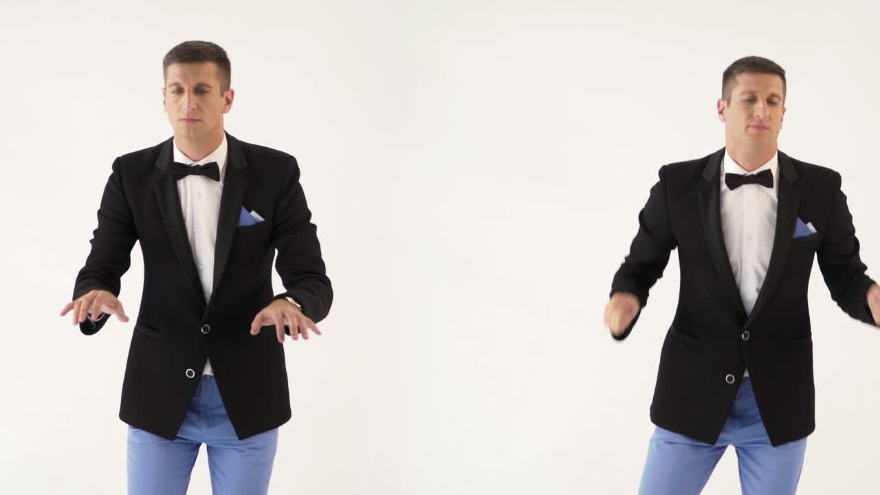 2K compilation (montage) - two talented people in black jackets and white shirts are parodying musicians on a white background in the studio. Two cheerful men in the similitude of pianist, drummer and violinist at concert