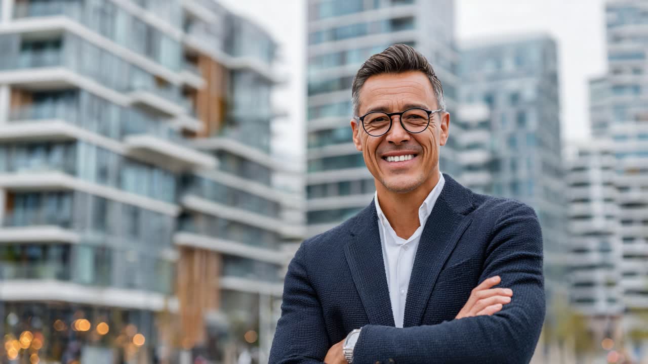 A Confident Businessman Smiling Against a Modern Urban Background: Capturing Professionalism and Approachability in a Contemporary Setting