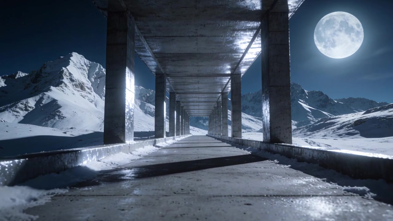 Starting camera gliding forward along concrete corridor at night, revealing depth, moonlit columns