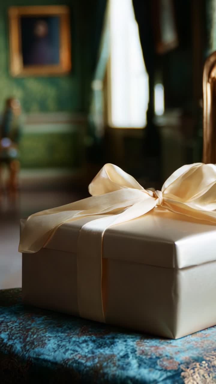 A beautifully wrapped gift box adorned with an elegant ribbon, prominently displayed on a vintage table against a richly decorated backdrop, perfectly capturing the anticipation of a special occasion