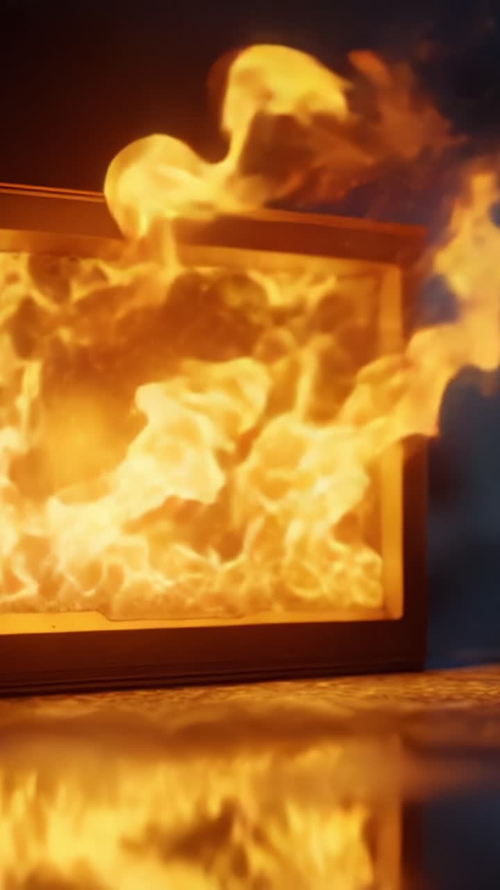 Fiamme affascinanti erompono da una cornice chiusa, illuminando l'ambiente circostante con un bagliore infuocato e riflessi drammatici in un'atmosfera enigmatica di calore ed energia.