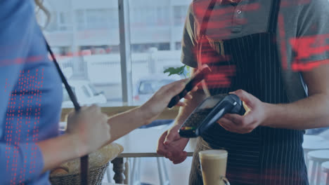 animation of data processing over caucasian woman paying with smartphone