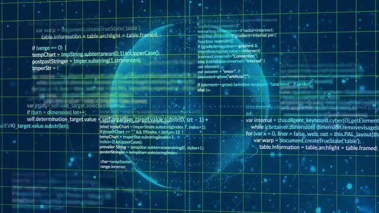 On animation start, glowing blue wireframe globe rotating and streaming live code for visualization