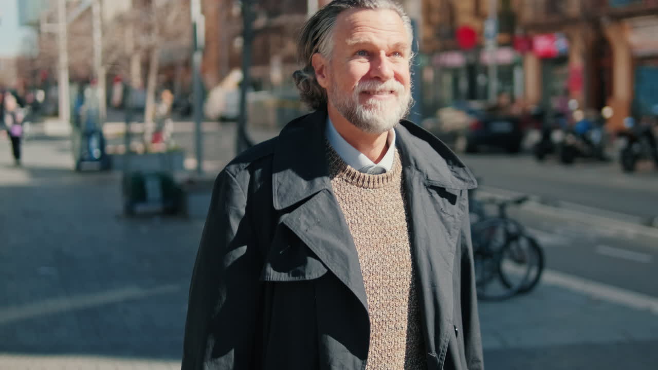 Smiling Senior Man Walking on City Street