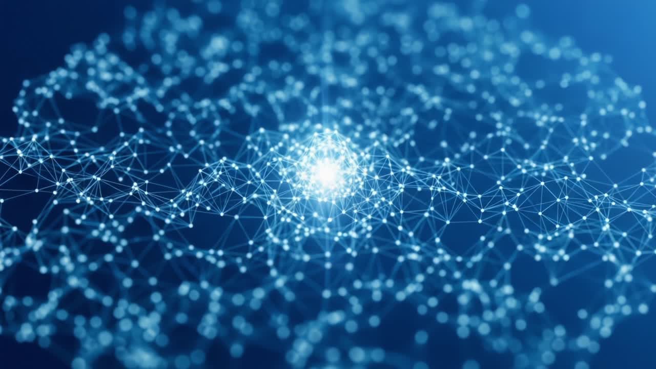 Abstract Visualization of a Complex Network Structure with Interconnected Nodes and Bright Central Focus, Representing Data Flow or Computational Concepts