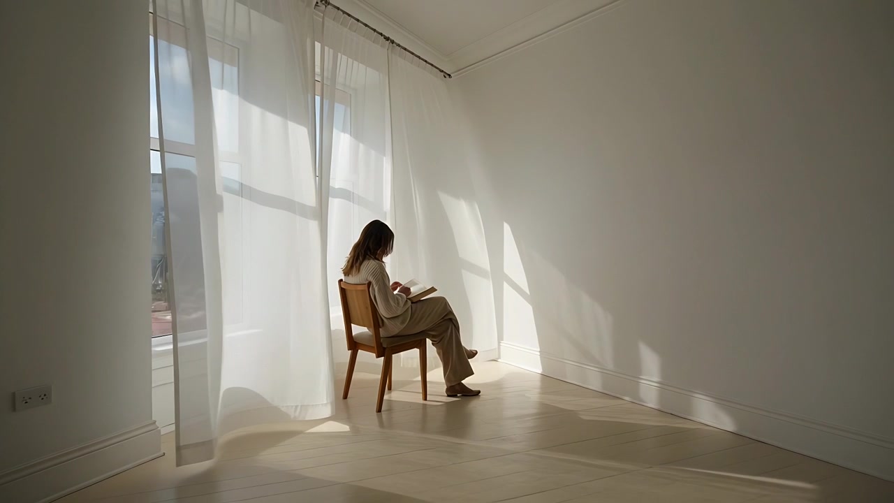 Donna adulta seduta con un top neutro, che tiene un libro e sfoglia le pagine accanto a una finestra alta, con la luce del sole che si sposta.