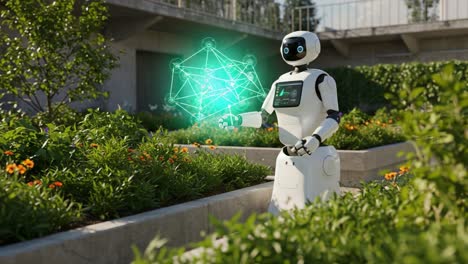a charming robot in a lush garden, interacting with a complex network visualization, blending technology with nature's beauty and innovation