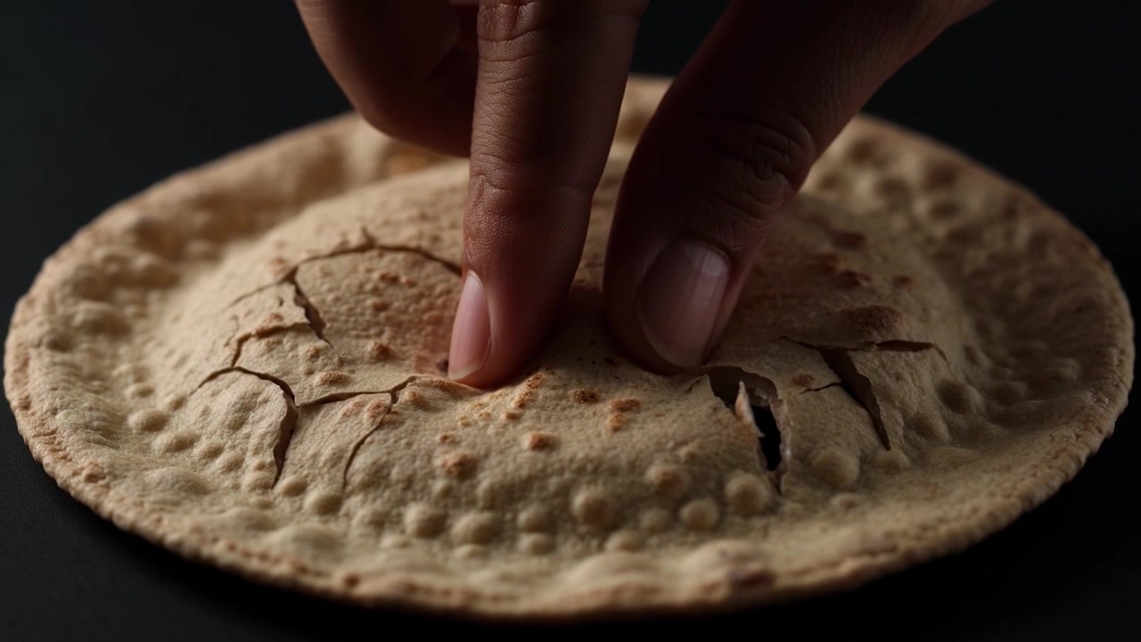 Fingers Pressing and Cracking a Crispy Flatbread