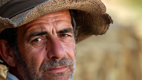 seasoned farmer wearing traditional straw hat standing confidently in wheat field, progressively moving closer while gazing directly at camera with golden hay bales behind