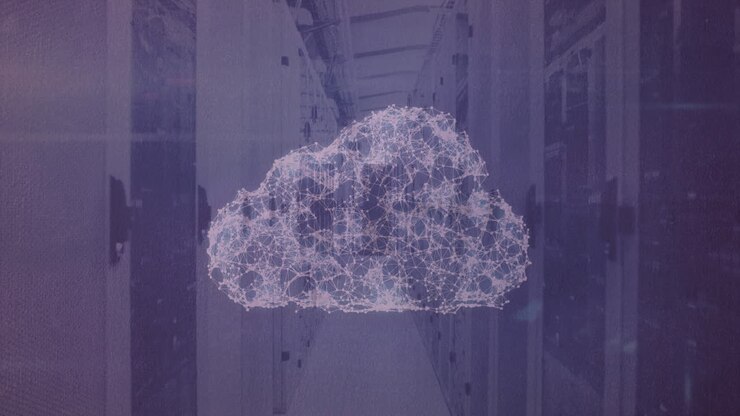 Animation of digital cloud over computer servers in tech room