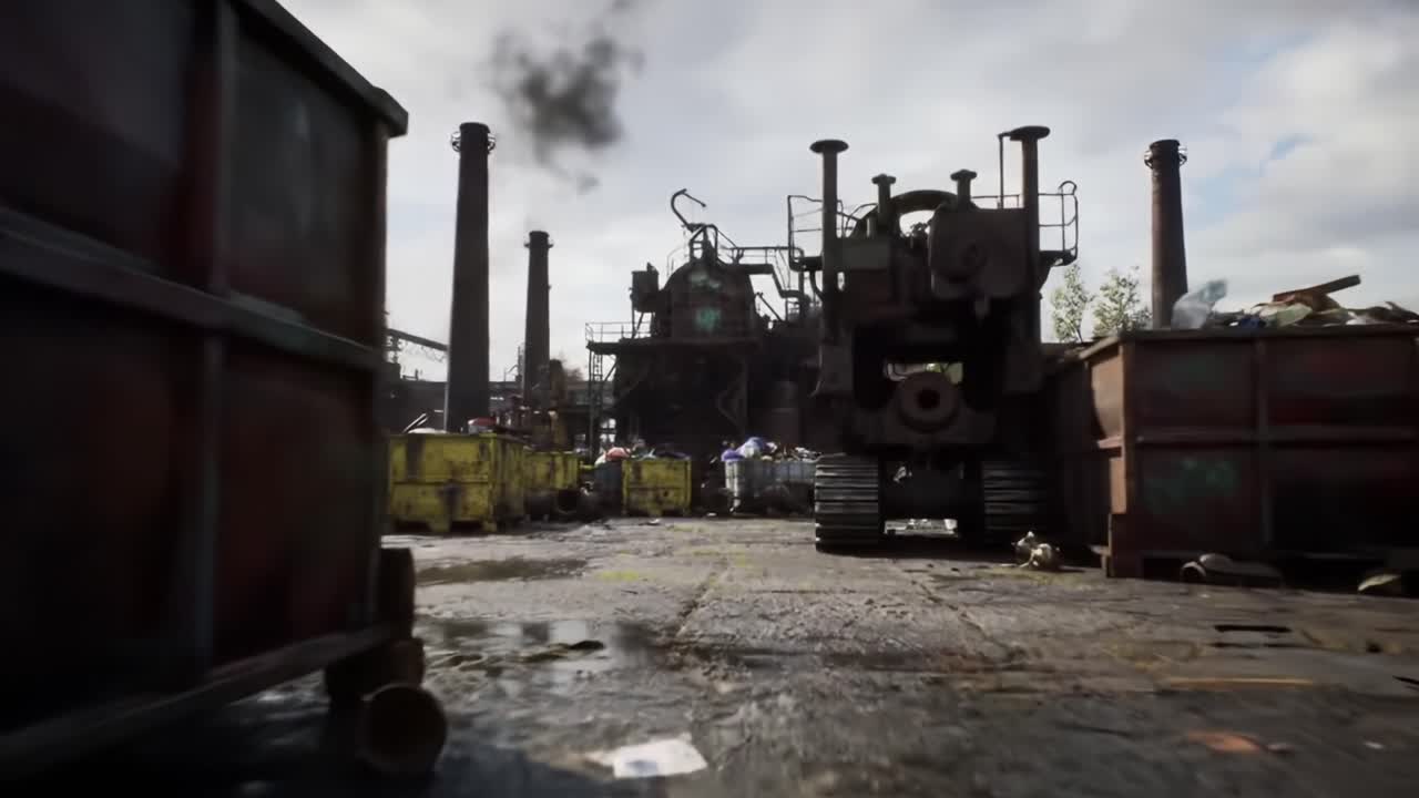 Abandoned Industrial Site: A Haunting Glimpse into the World of Waste with Rusty Machinery and Barren Ground Collecting Debris
