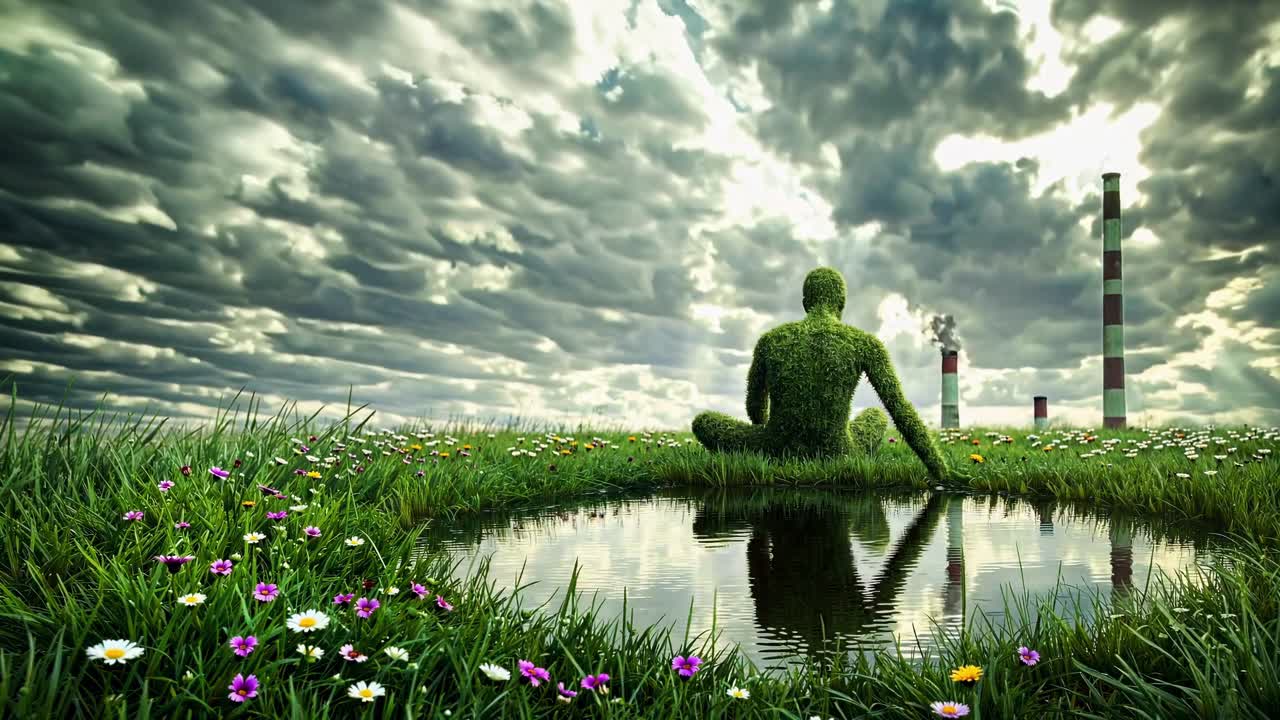 Human figure made from grass sits peacefully by a pond in a polluted industrial landscape with clouds in the sky