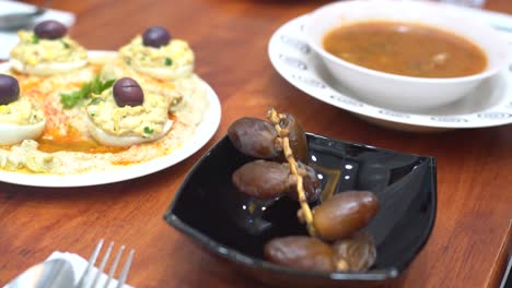 Close-up-of-a-variety-of-food-during-Ramadan-Iftar-meal