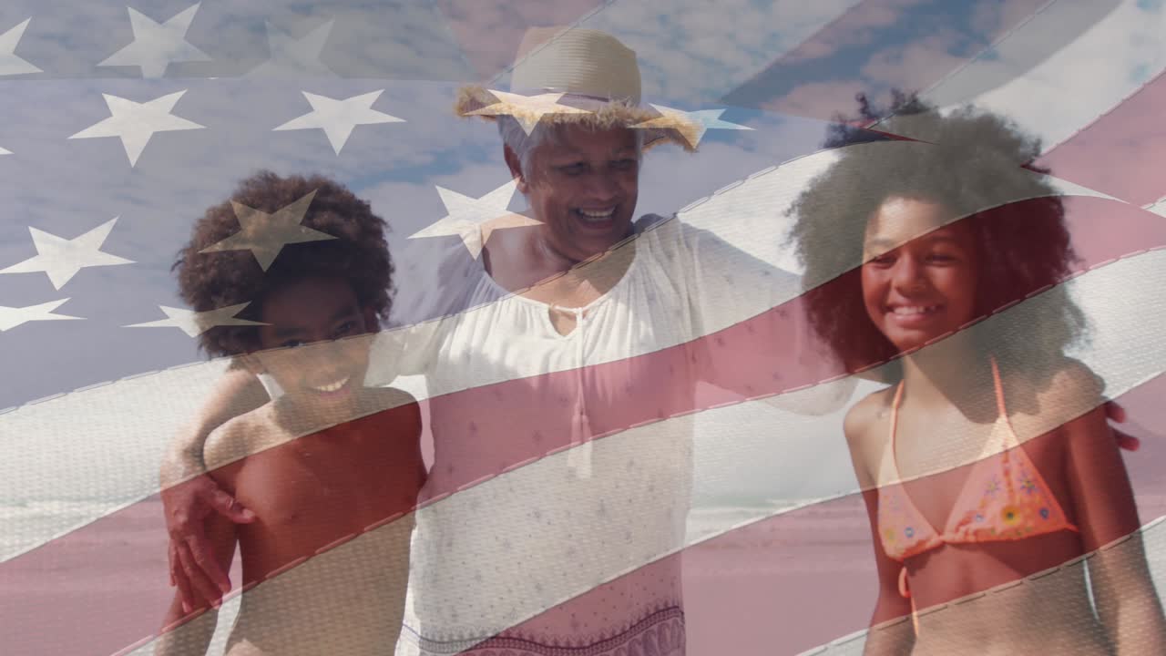 animación de la bandera de los estados unidos de américa sobre una abuela afroamericana con nietos