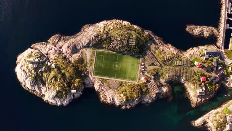 top-down aerial 360 of the henningsvær soccer field, lofoten islands, norway