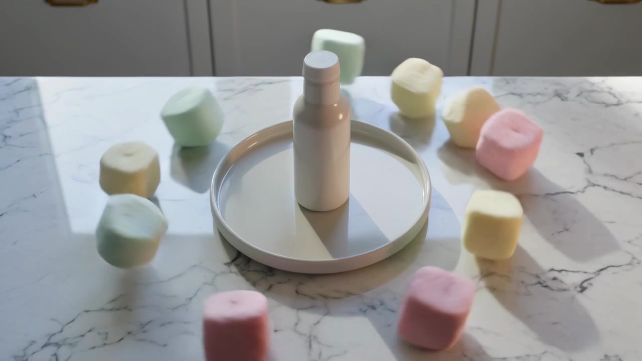 Circling as frames advance pastel cubes bouncing around white bottle on tray on marble counter