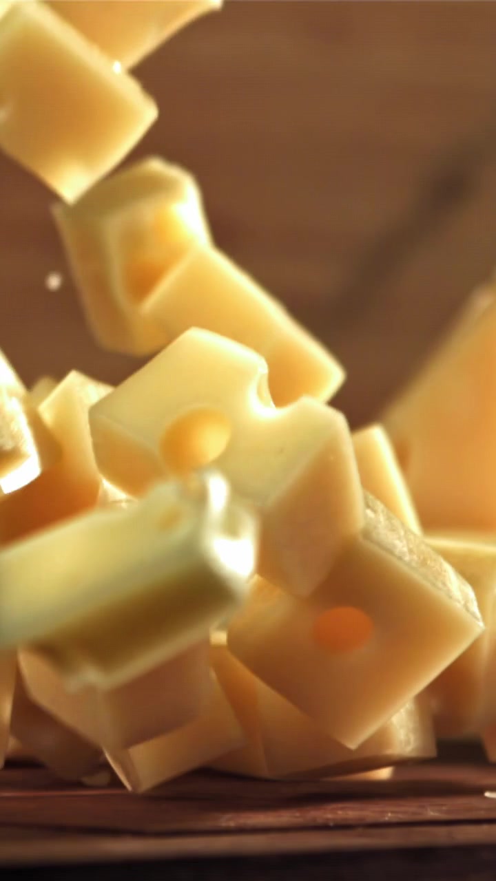 Ralenti : cubes de fromage tombant sur une surface en bois