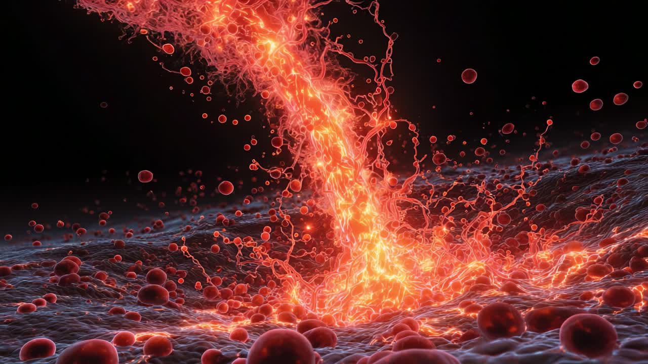 Dynamic Flow of Viscous Fluid Through Bubbles Illuminated by Red Light, Capturing the Beauty of Motion and Energy in an Abstract Scientific Visualization