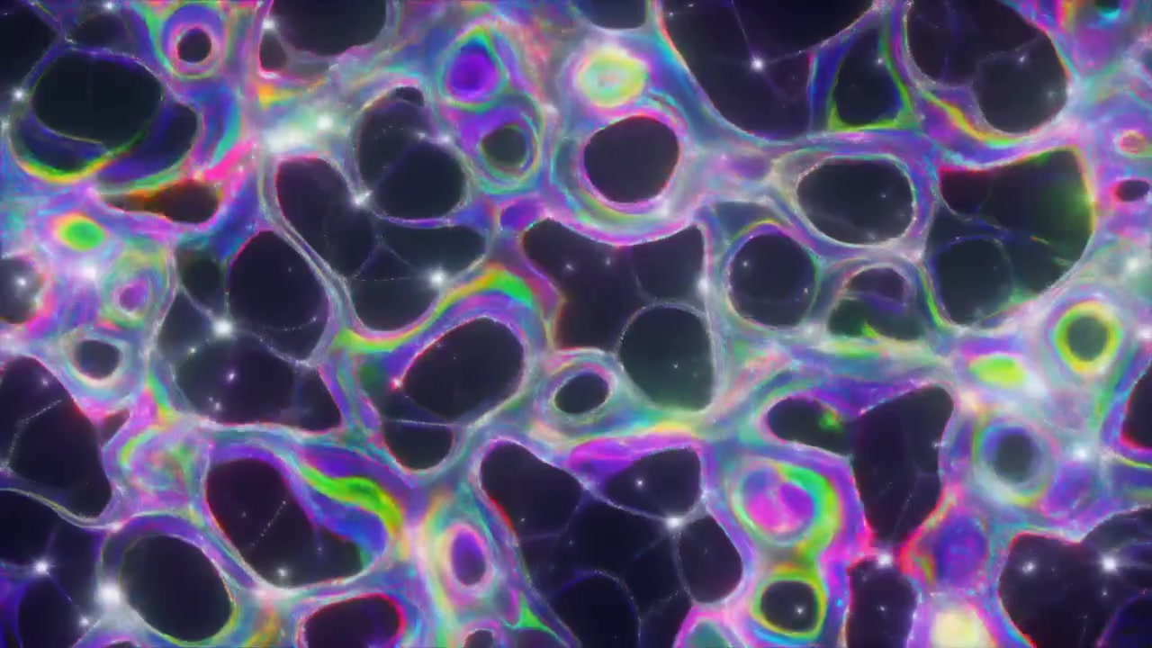 Abstract Iridescent Liquid Motion with Glowing Particles
