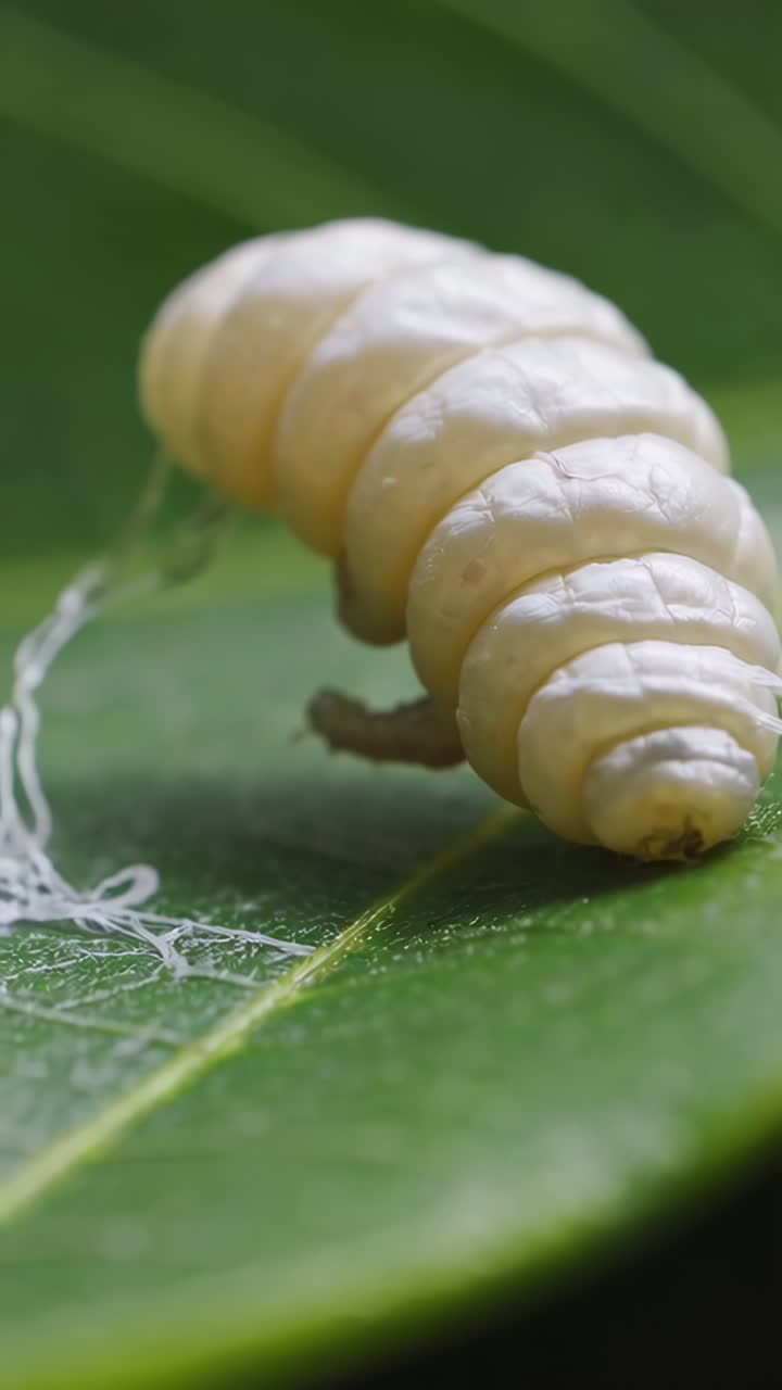 Close-up of a White Larva on a Green Leaf
