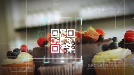 Animation of white QR code scanning on grid over muffins and cookies
