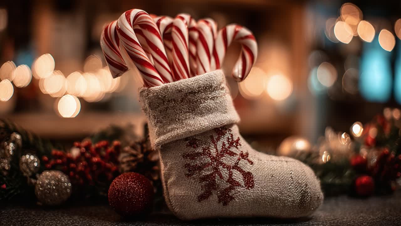 Charming Holiday Decor Featuring a Knitted Stocking Overflowing with Candy Canes Against a Twinkling Background of Festive Lights and Decor