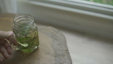 herbal tea held by hands in a living room with garden in bg