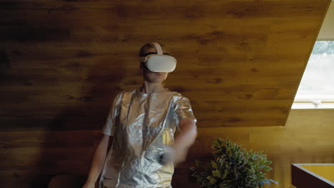 woman using vr headset in a wooden room