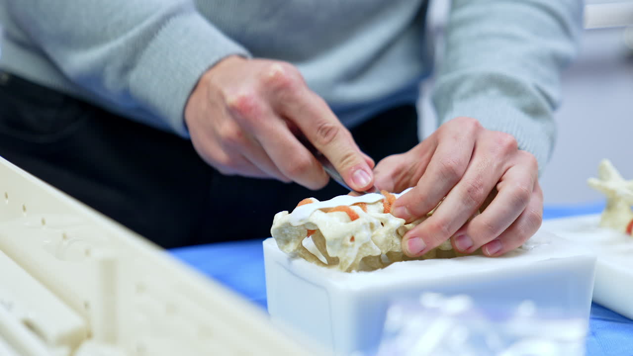Male hands wearing grey sweater use scissors on the model of spine. Man tries to disconnect the bones of the artificial back.