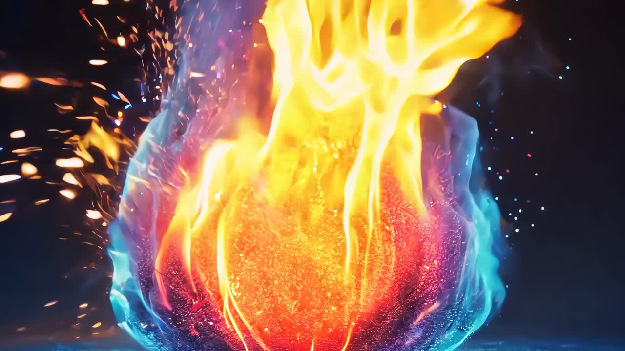 A blue and orange flame is lit on a dark background. The flame is surrounded by a blue and orange glow