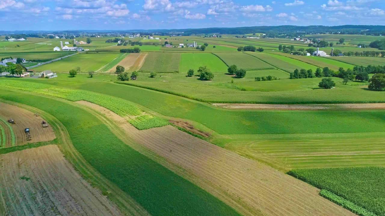 An Aerial Traveling View of Corn Fields and Harvesting Crops, with Patches of Color on a Beautiful Summer Day