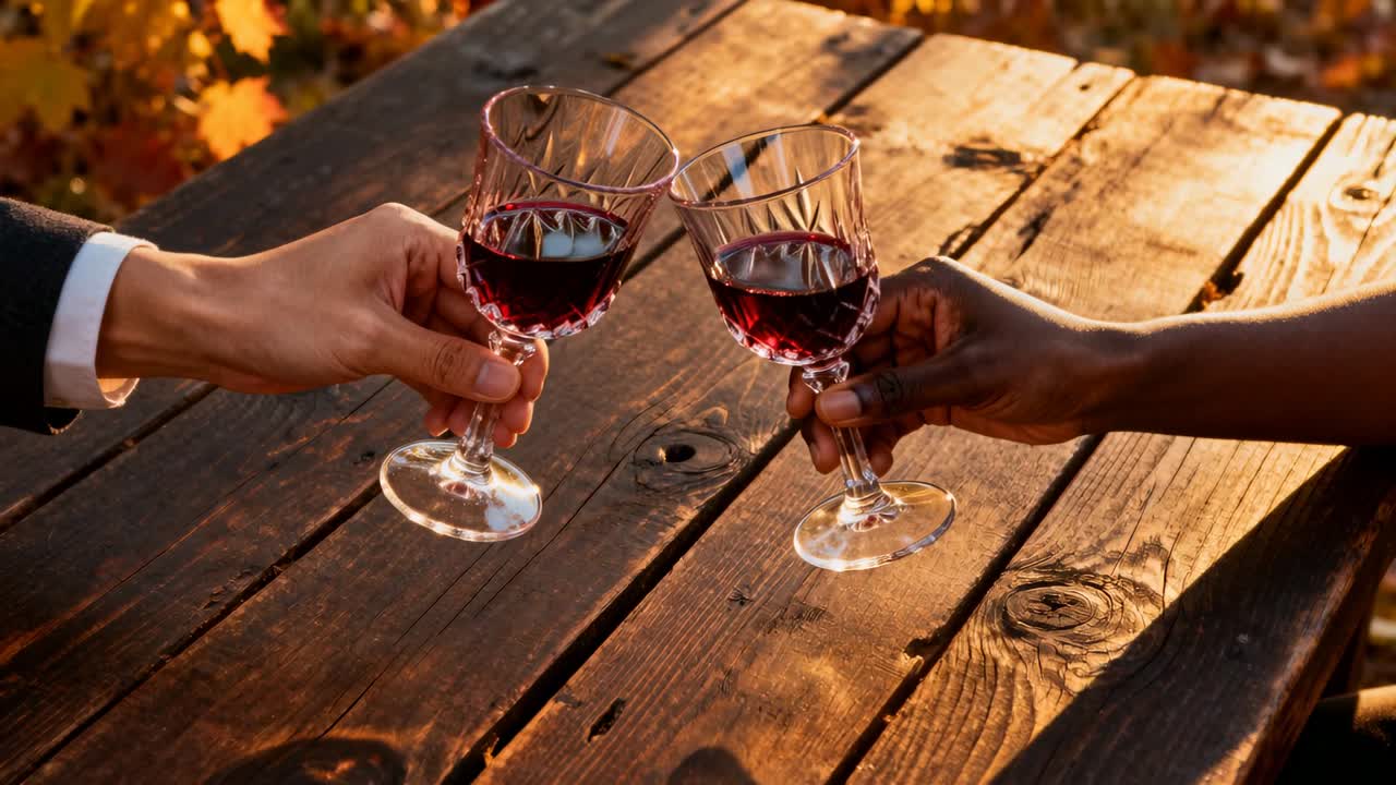 Due adulti che brindano con calici di cristallo a un tavolo da picnic, mostrando un polsino bianco e un avambraccio nudo