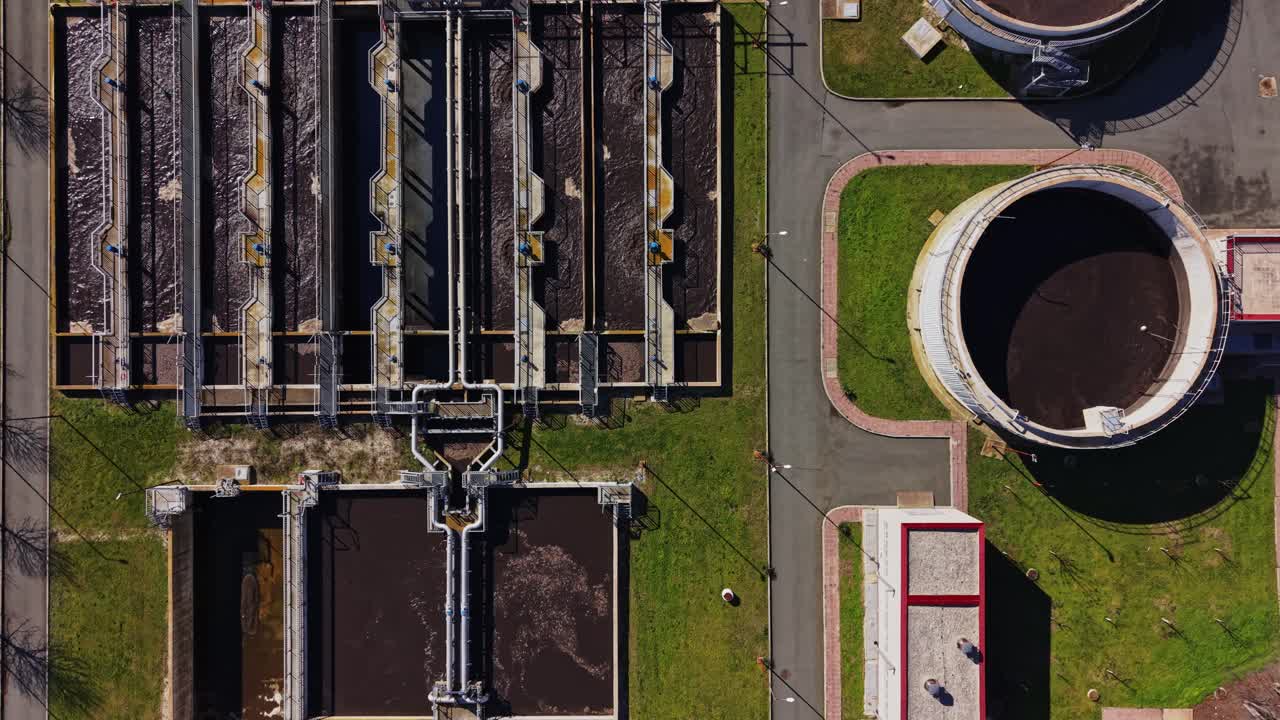 Water treatment facility viewed from above during sunny daylight hours
