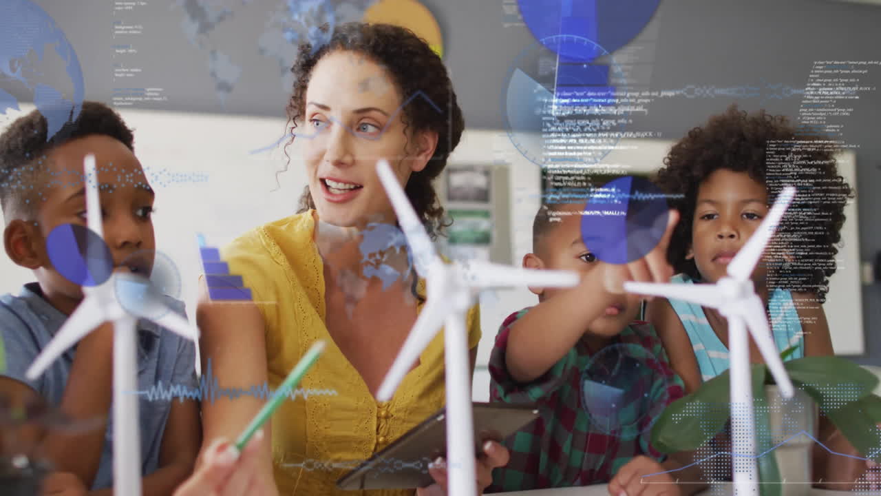 animación de diagramas y procesamiento de datos sobre diversas maestras y escolares que aprenden