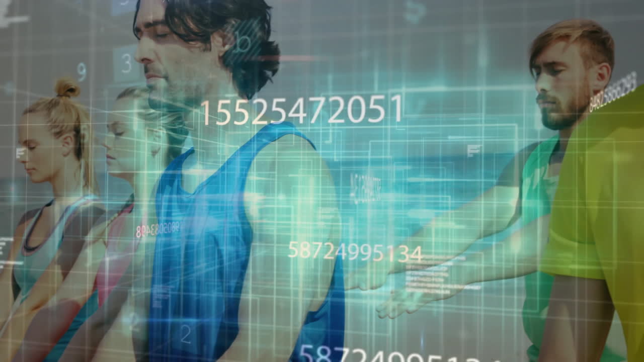 In school, animation overlaying athletes' movements in blue jerseys for analysis