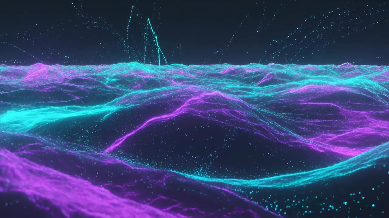 Shifting cyan magenta wave emitting dust in 3D as camera moving forward revealing foreground detail