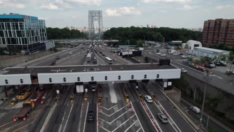 Drone-shot-of-Toll-Booths-entering-New-York-City,-George-Washington-Bridge