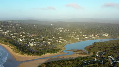 AERIAL-Summer-Morning-Over-Coastal-Township-Of-Anglesea,-Australia