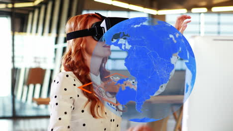 animation of globe with network of connections over businesswoman wearing vr headset